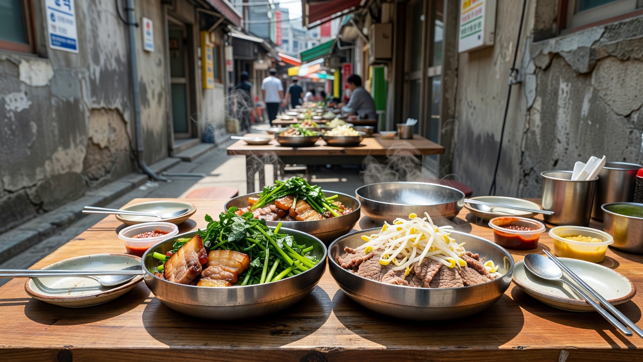 서울 숨은 골목 저녁 메뉴 추천으로 미나리와 차돌 요리가 차려진 식탁