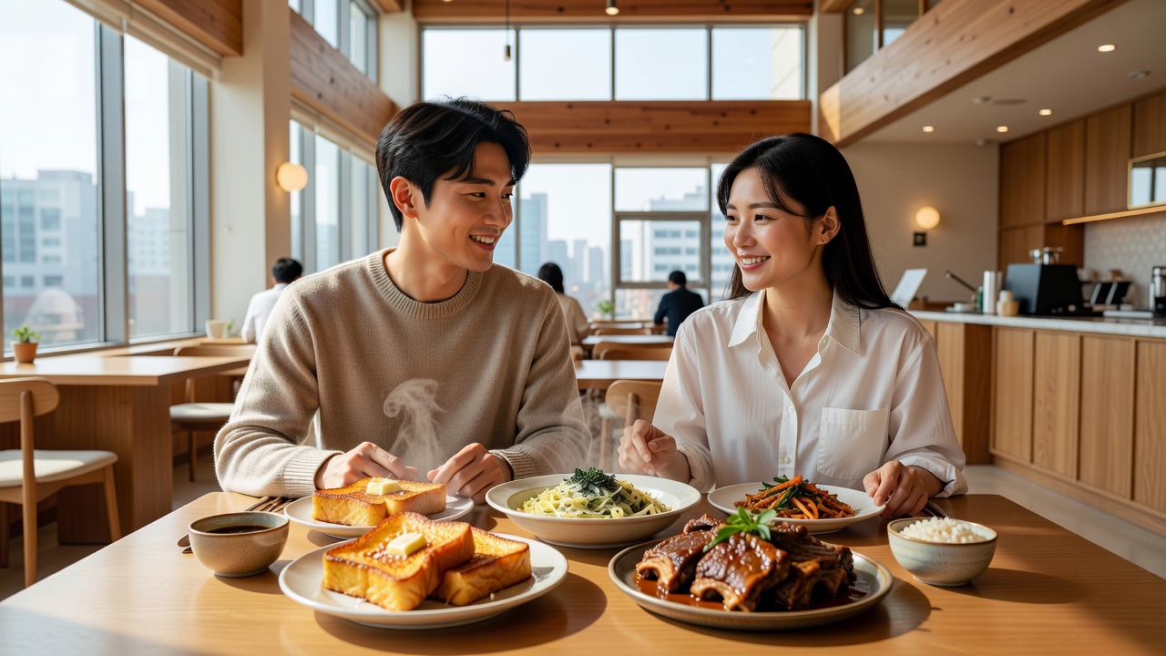 서울 브런치 데이트를 즐기는 커플의 테이블
